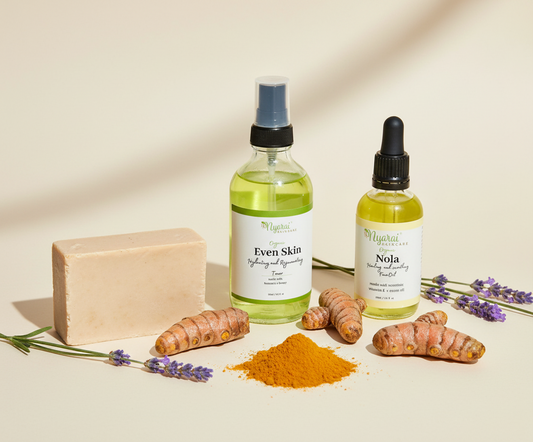Three skincare products with natural ingredients on a neutral background