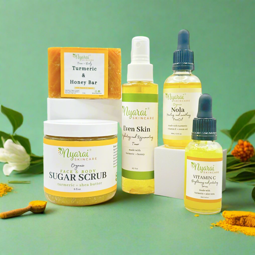 Nyarai Brighten Bundle products - natural brightening soaps scrubs and treatments