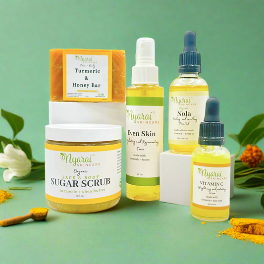 Nyarai Brighten Bundle products - natural brightening soaps scrubs and treatments